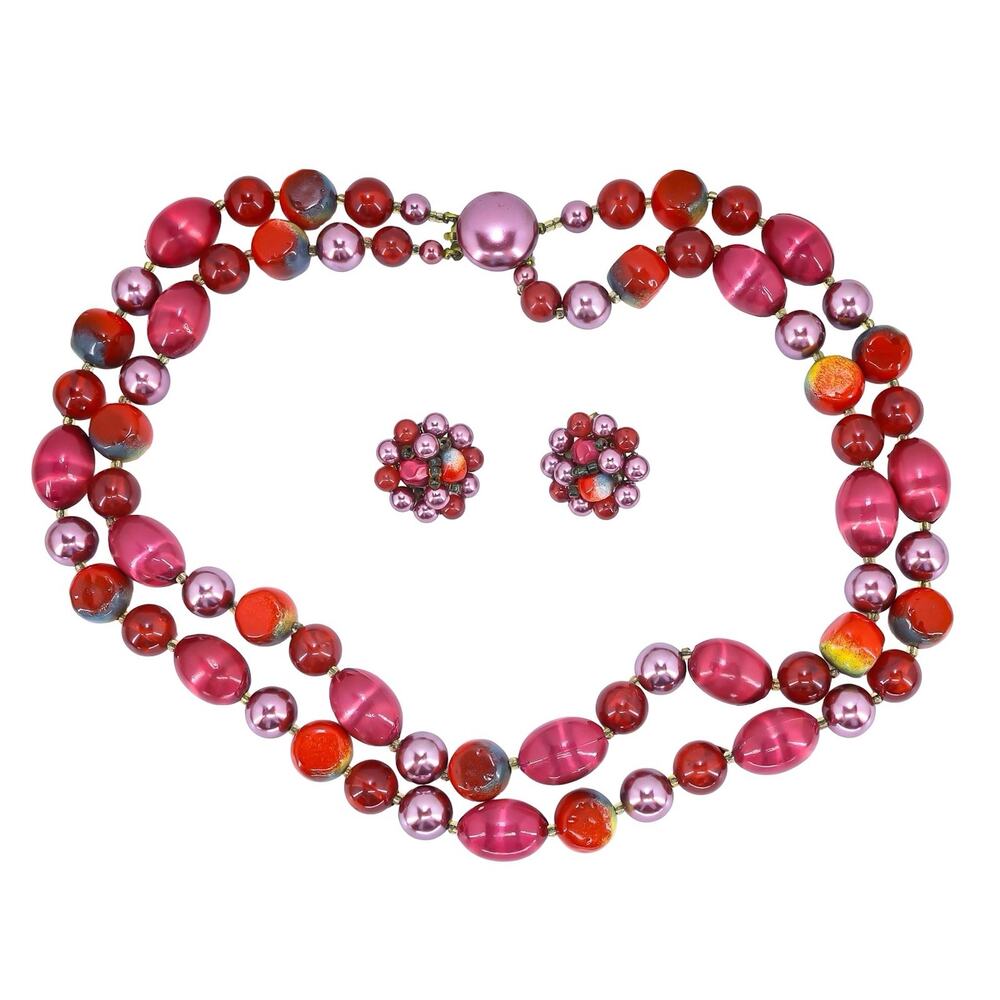 Vintage MCM Beaded Necklace & Earrings Set Japan 20” Fall Colors Orange Red Pink